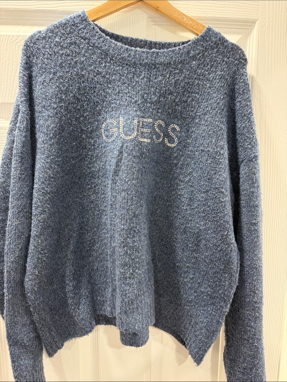 GUESS Women's Blue Sparkle Logo Cozy Sweater